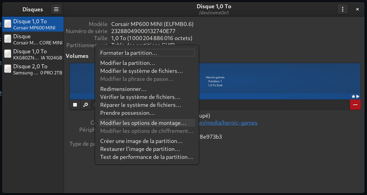 Modifier les options de montage